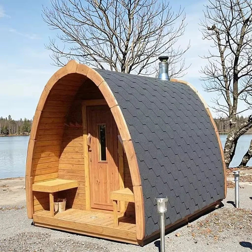 Panoramic Outdoor Sauna Room — Round Cedar Barrel Sauna with Glass Front