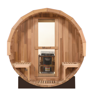 Blisspod Prague Canadian Red Cedar Outdoor Barrel Sauna with Glass Back & Porch Seating