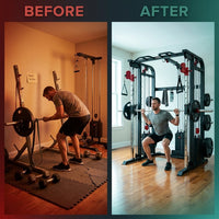 Functional Smith Trainer Built for Strength Training, 11-Gauge Steel Frame, Dual Pulley System, Multi-Grip Pull-Up — Before & After