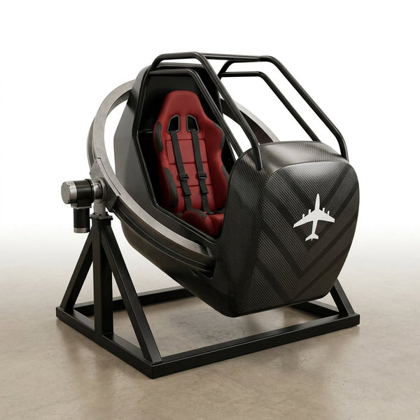 Flight Simulator Motion Pod Built for Immersive Training, Steel Frame, Gimbal Motion System, Racing Harness — Studio Shot