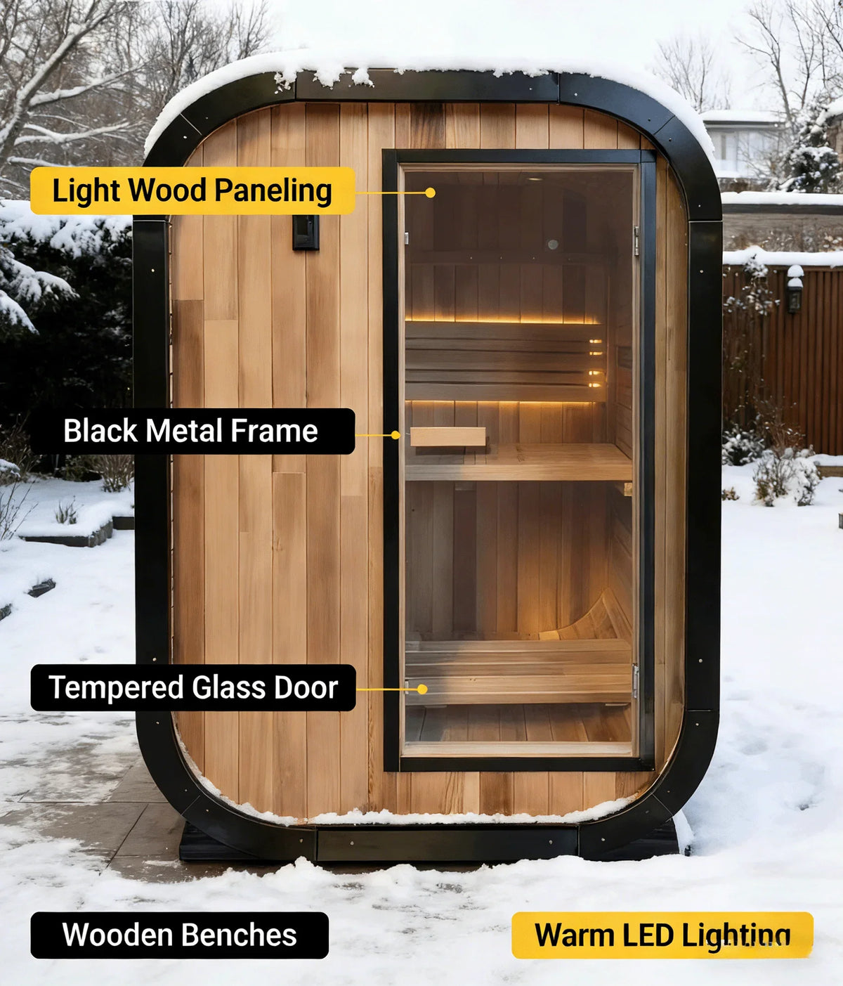 Panoramic Outdoor Sauna Room — Round Cedar Barrel Sauna with Glass Front