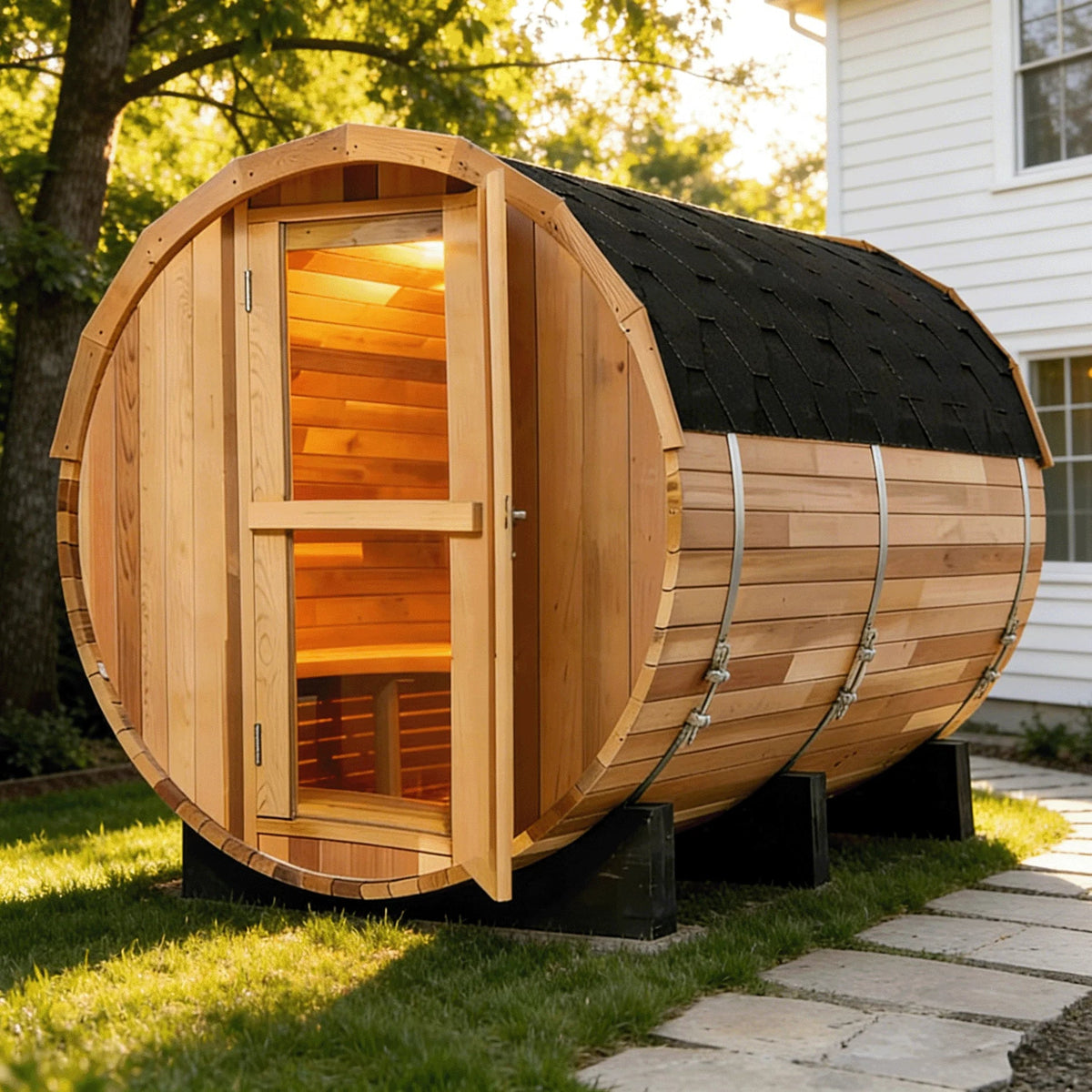 Panoramic Outdoor Sauna Room — Round Cedar Barrel Sauna with Glass Front