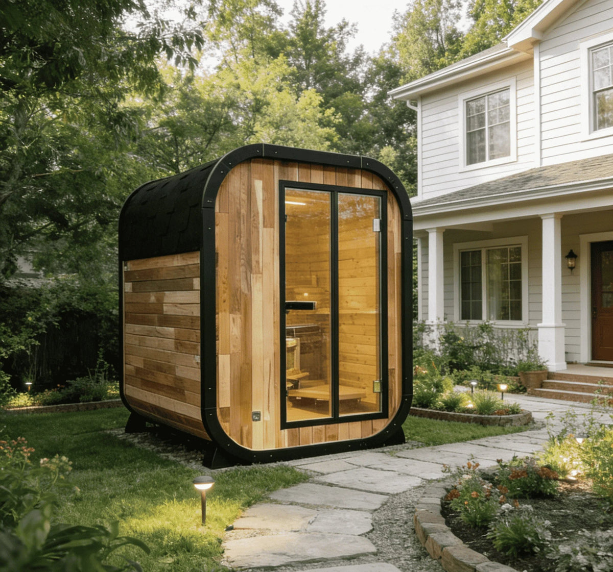 Panoramic Outdoor Sauna Room — Round Cedar Barrel Sauna with Glass Front