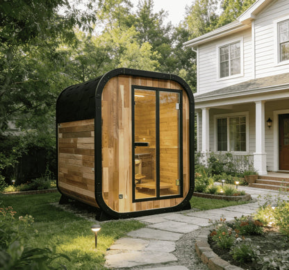 Panoramic Outdoor Sauna Room — Round Cedar Barrel Sauna with Glass Front