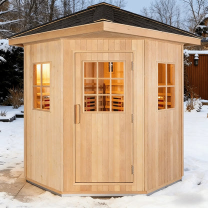 Panoramic Outdoor Sauna Room — Round Cedar Barrel Sauna with Glass Front