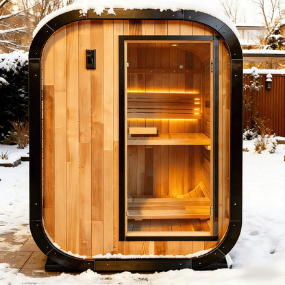 Panoramic Outdoor Sauna Room — Round Cedar Barrel Sauna with Glass Front