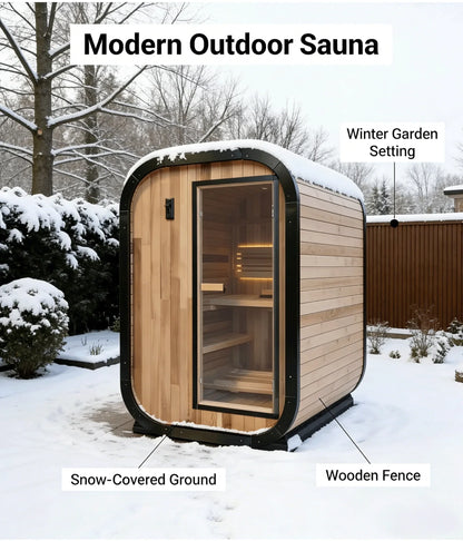 Panoramic Outdoor Sauna Room — Round Cedar Barrel Sauna with Glass Front