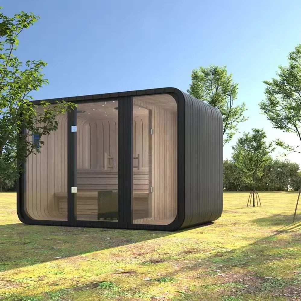 Panoramic Outdoor Sauna Room — Round Cedar Barrel Sauna with Glass Front