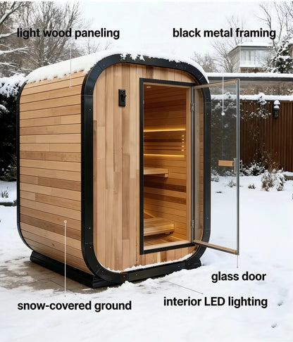 Panoramic Outdoor Sauna Room — Round Cedar Barrel Sauna with Glass Front