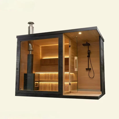 Panoramic Outdoor Sauna Room — Round Cedar Barrel Sauna with Glass Front